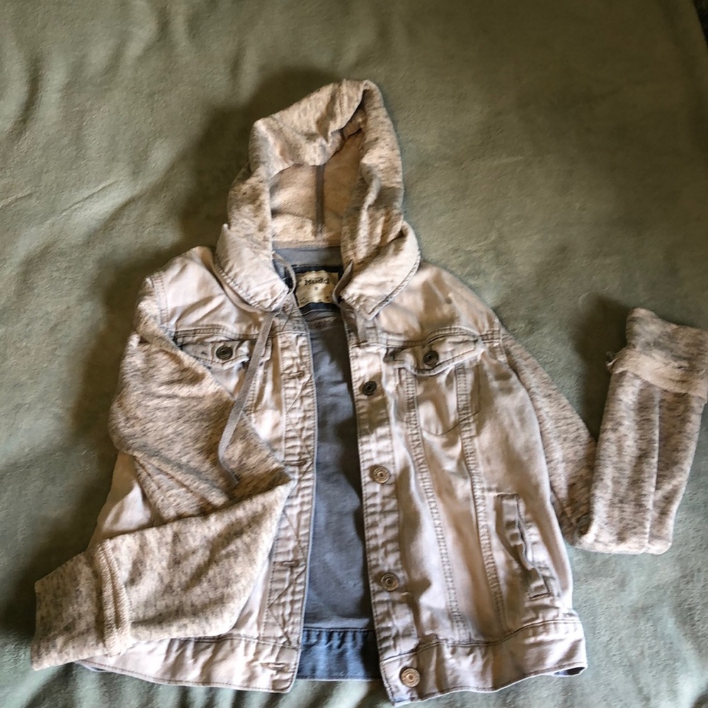 Light wash jean jacket with hood